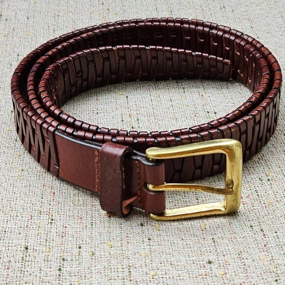 Genuine Leather Belt Brown Braided Unisex Gold Tone Solid Brass Buckle Waistband - Picture 8 of 12